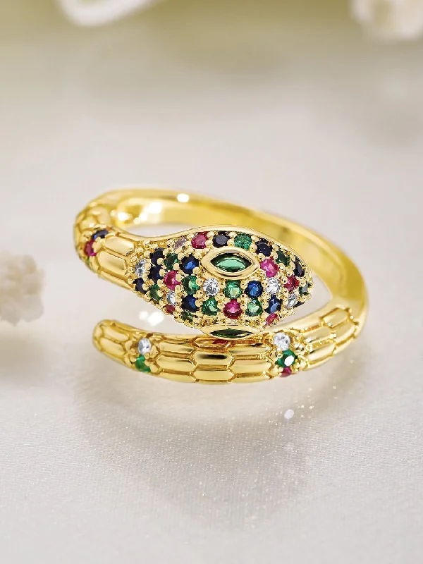 22K Gold Plated Multicolor Cubic Zirconia Studded Snake Motif Adjustable Ring