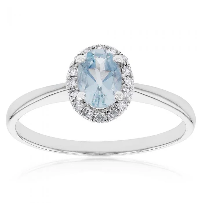 9ct White Gold Aquamarine 7x5mm and Diamond 0.13ct Ring