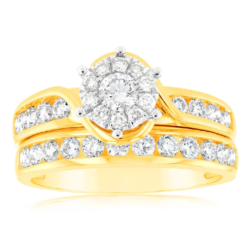 9ct Yellow Gold & White Gold 2 Ring Bridal Set with 1 Carat Of Diamonds