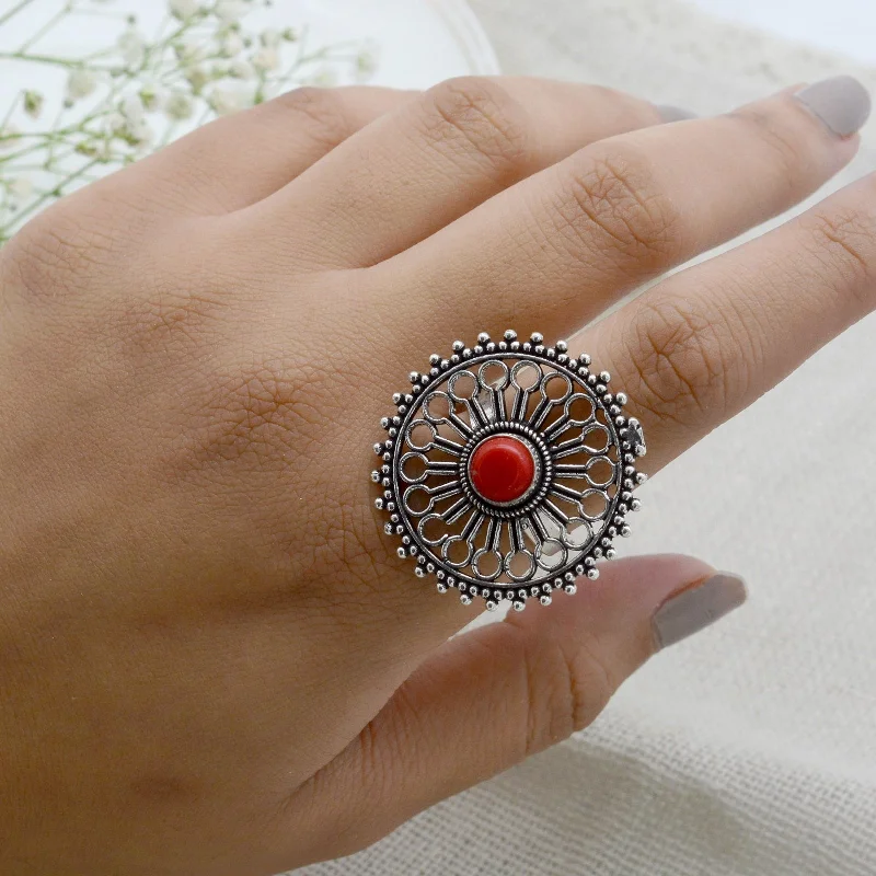 Aruna Red Silver Oxidized Filigree Ring