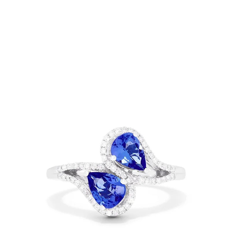 14K White Gold Pear Cut Tanzanite and Diamond Ring, 0.74 TCW