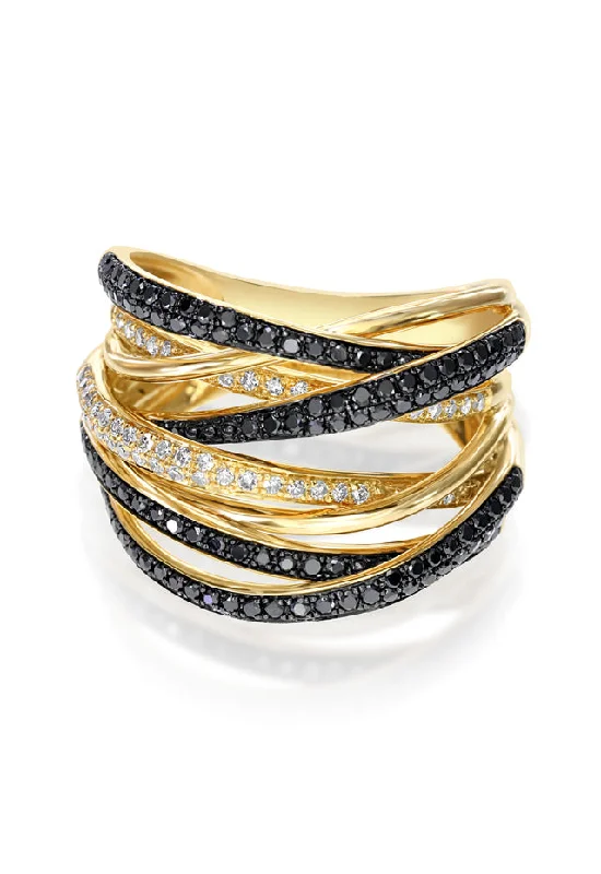 14K Yellow Gold Black and White Diamond Ring, 0.74 TCW