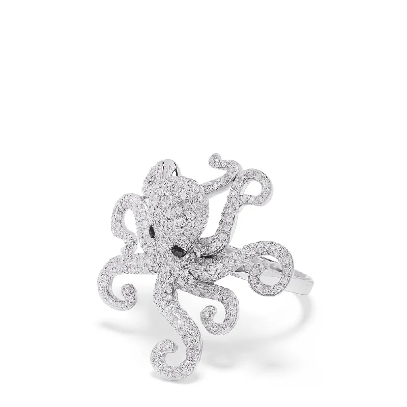 Seaside 14K White Gold Diamond Octopus Ring, 1.33 TCW