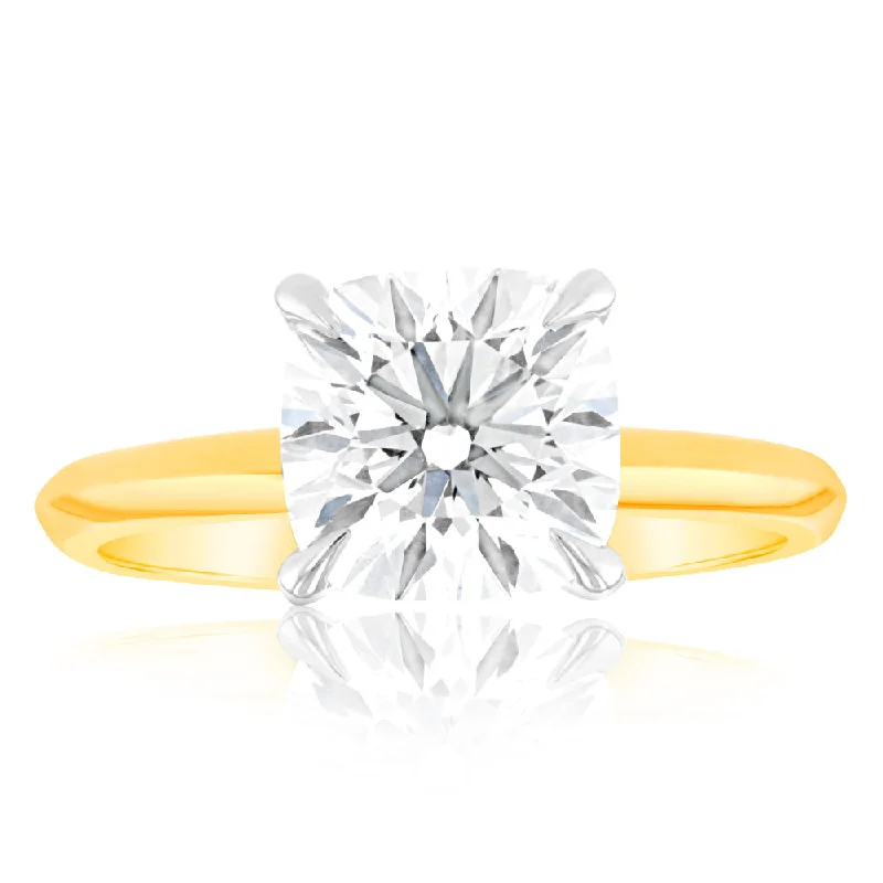 Luminesce Lab Grown Certified 2 Carat Diamond Cushion Cut Engagement Ring in 18ct Yellow Gold