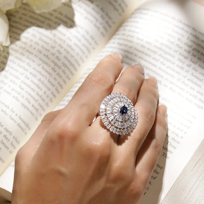 Rhodium Plated AD Stone Studded with blue StoneFinger Ring