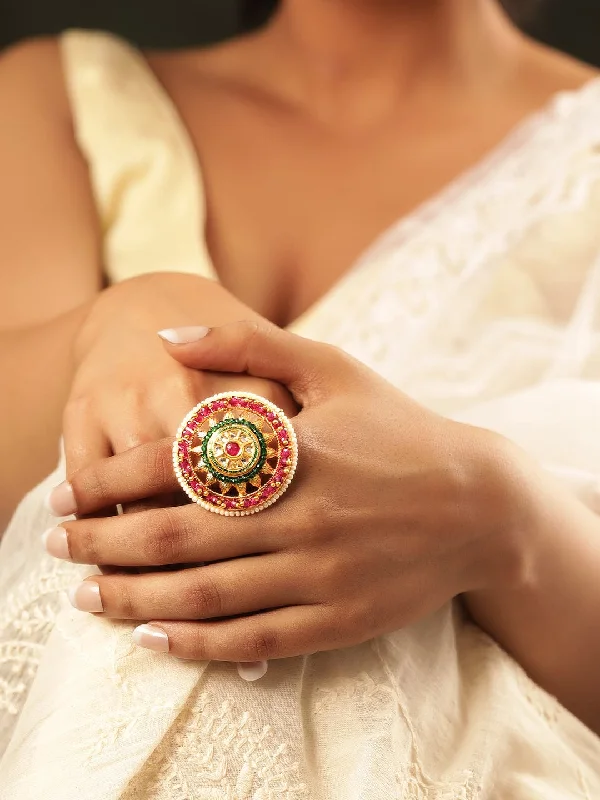 Rubans 22K Gold Plated Kundan Studded Red & Green Crystal with Pearl beaded Handcrafted Adjustable Ring