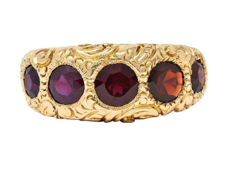 Victorian 3.44 CTW Garnet 14 Karat Yellow Gold Antique Five Stone Unisex Band Ring