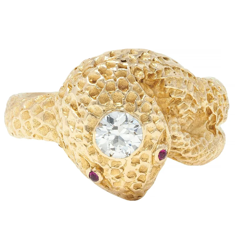 Victorian Old European Cut Diamond Ruby 10 Karat Yellow Gold Antique Unisex Snake Ring