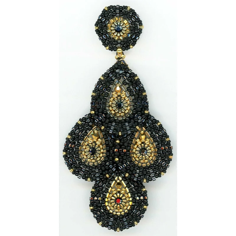 Miguel Ases Elegant Black Jet and Gold Statement Chandelier Earrings -3.8"