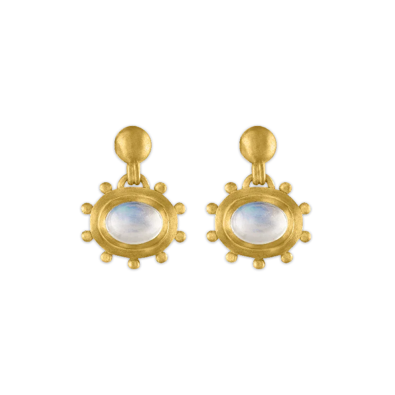 Large Rainbow Moonstone Granulated Bell Earrings