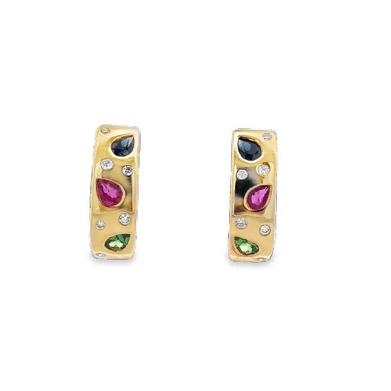 Sapphire, Tsavorite Garnet, and Diamond Huggie Earrings in Yellow Gold