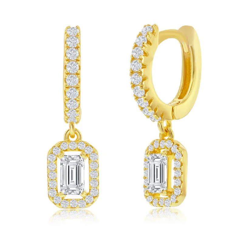 Sterling Silver Rectangle CZ Huggie Hoop Earrings - Gold Plated