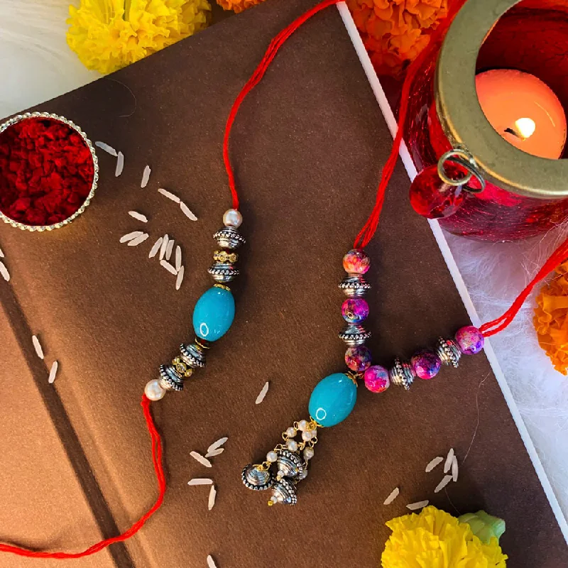 Don't Miss These Dazzling Jewelry Discounts Etnico Designer Beaded Bhaiya Bhabhi Hanging Lumba Rakhi Combo Set With Roli Chawal for Rakshabhandan (R053-CO)