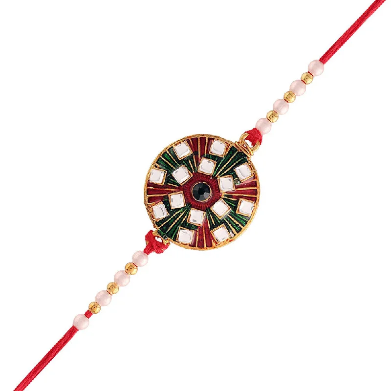 Bohemian-Inspired Jewelry For Free-Spirited Fashion Etnico Gold Plated Ethnic Designer Kundan Meena Work Rakhi Bracelet for Brother/Men (R003)